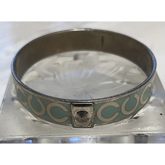 COACH Bangle Bracelet Enamel Signature C Logo Stackable Y2K Blue Silver Plate - Picture 2 of 5